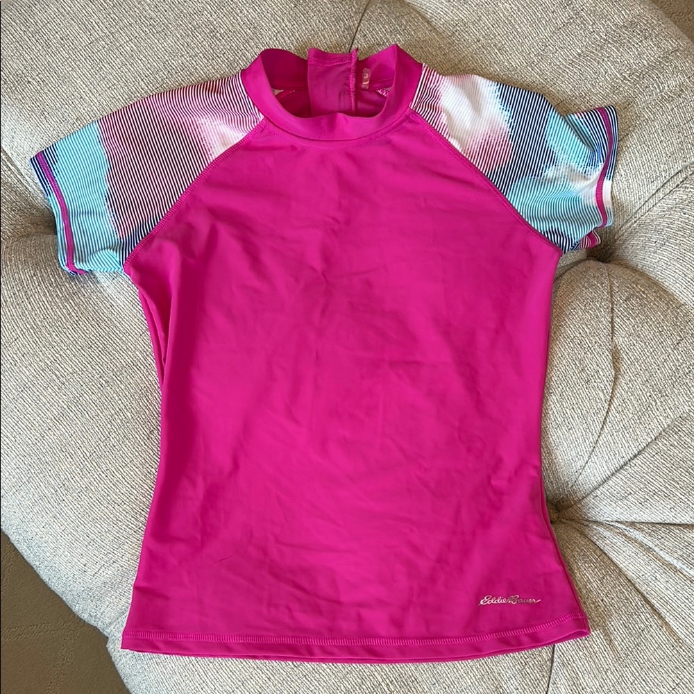 Eddie Bauer Pink Rash Guard with Striped Sleeves